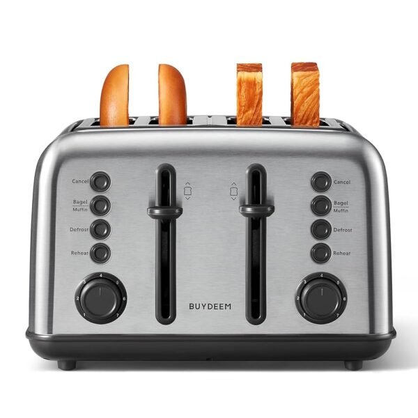 BUYDEEM DT640 4-Slice Toaster, Extra Wide Slots, Retro Stainless Steel with High Lift Lever, Bagel and Muffin Function, Removal Crumb Tray, 7-Shade Settings,Stainless Steel BUYDEEM DT640 4-Slice Toaster, Extra Wide Slots, Retro Stainless Steel with High Lift Lever, Bagel and Muffin Function, Removal Crumb Tray, 7-Shade Settings,Stainless Steel