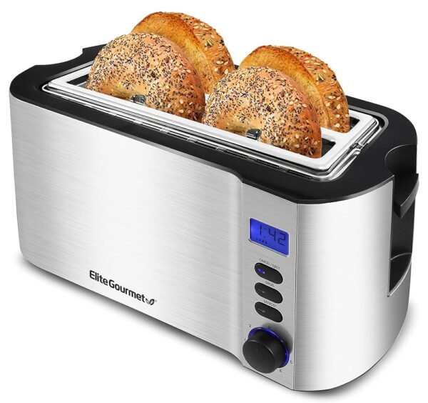 Elite Gourmet ECT4400B# Long Slot 4 Slice Toaster, Countdown Timer, 6 Toast Setting, Defrost, Cancel Function, Built-in Warming Rack, Extra Wide Slots for Bagel Waffle,... Elite Gourmet ECT4400B# Long Slot 4 Slice Toaster, Countdown Timer, 6 Toast Setting, Defrost, Cancel Function, Built-in Warming Rack, Extra Wide Slots for Bagel Waffle,...