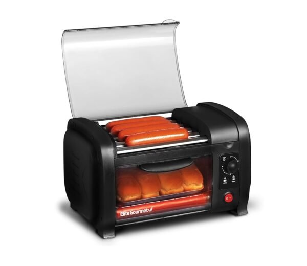 Elite Gourmet EHD-051B Hot Dog Toaster Oven, 30-Min Timer, Stainless Steel Heat Rollers Bake & Crumb Tray, World Series Baseball, 4 Bun Capacity, Black Elite Gourmet EHD-051B Hot Dog Toaster Oven, 30-Min Timer, Stainless Steel Heat Rollers Bake & Crumb Tray, World Series Baseball, 4 Bun Capacity, Black