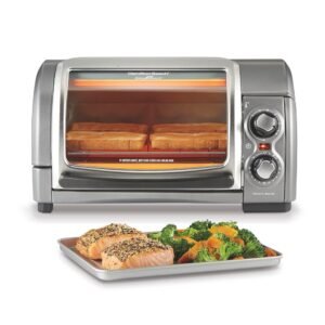 Hamilton Beach Easy Reach 4-Slice Countertop Toaster Oven With Roll-Top Door, 1200 Watts, Fits 9” Pizza, 3 Cooking Functions for Bake, Broil and Toast, Silver (31344DA) Hamilton Beach Easy Reach 4-Slice Countertop Toaster Oven With Roll-Top Door, 1200 Watts, Fits 9” Pizza, 3 Cooking Functions for Bake, Broil and Toast, Silver (31344DA)