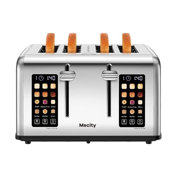 Mecity 4 Slice Toaster with Touch Screen Control, 4 Wide Slots, Stainless Steel Smart Bread Toaster for Bagels, Muffins, Waffles, Dual Control Panel, Timer, Defrost, Reheat,... Mecity 4 Slice Toaster with Touch Screen Control, 4 Wide Slots, Stainless Steel Smart Bread Toaster for Bagels, Muffins, Waffles, Dual Control Panel, Timer, Defrost, Reheat,...