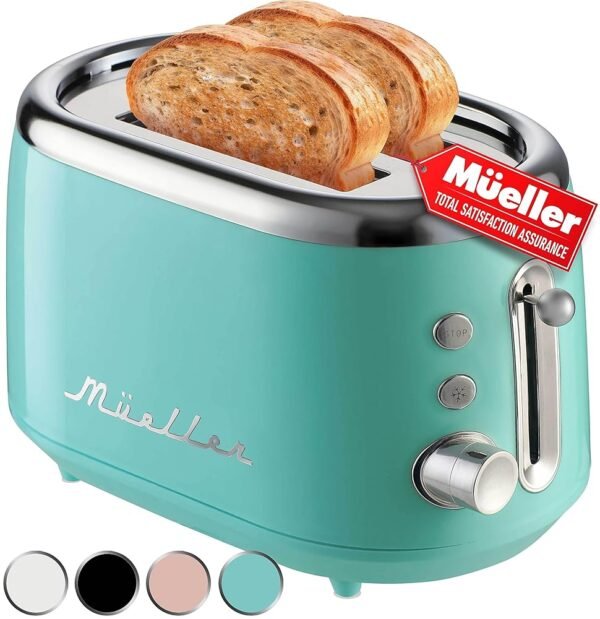 Mueller Retro Toaster 2 Slice with 7 Browning Levels and 3 Functions: Reheat, Defrost & Cancel, Stainless Steel Features, Removable Crumb Tray, Under Base Cord Storage, Turquoise Mueller Retro Toaster 2 Slice with 7 Browning Levels and 3 Functions: Reheat, Defrost & Cancel, Stainless Steel Features, Removable Crumb Tray, Under Base Cord Storage, Turquoise