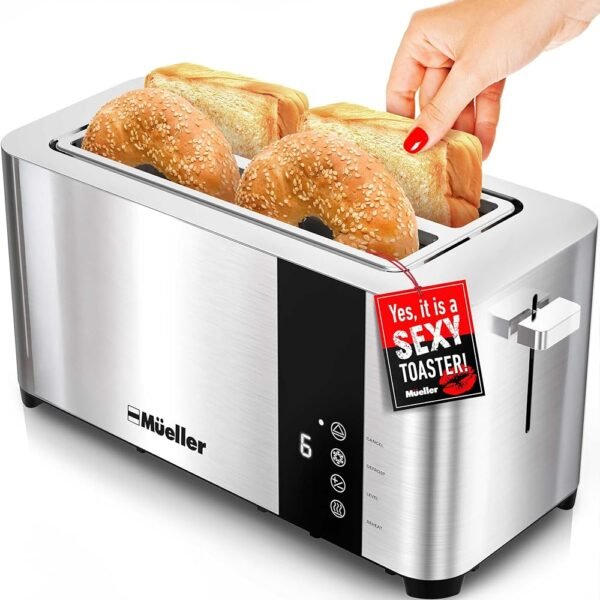 Mueller UltraToast Full Stainless Steel Toaster 4 Slice, Long Extra-Wide Slots for Bagels and Waffles, 6 Browning Levels, LED Display, Cancel/Defrost/Reheat Functions &...