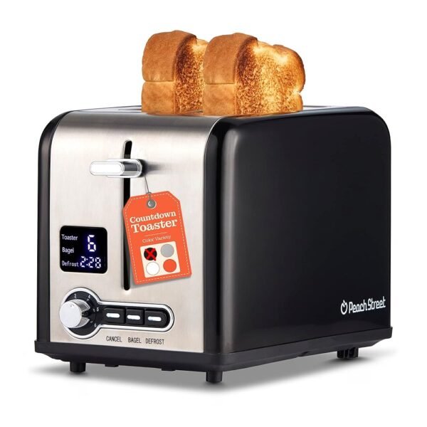 Peach Street 2 Slice Toaster Compact Bread Toaster with Digital Countdown, Wide Slots, Auto-Pop Stainless Steel, 6 Browning Levels, Removable Crumb Tray, with Defrost, Bagel,... Peach Street 2 Slice Toaster Compact Bread Toaster with Digital Countdown, Wide Slots, Auto-Pop Stainless Steel, 6 Browning Levels, Removable Crumb Tray, with Defrost, Bagel,...