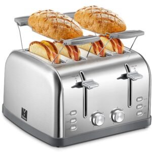 Toaster 4 Slice, Extra Wide Slots, Stainless Steel with High Lift Lever, Bagel and Muffin Function, Removal Crumb Tray, 7-Shade Settings with Warming Rack, Silver, Yabano Toaster 4 Slice, Extra Wide Slots, Stainless Steel with High Lift Lever, Bagel and Muffin Function, Removal Crumb Tray, 7-Shade Settings with Warming Rack, Silver, Yabano