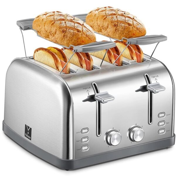 Toaster 4 Slice, Extra Wide Slots, Stainless Steel with High Lift Lever, Bagel and Muffin Function, Removal Crumb Tray, 7-Shade Settings with Warming Rack, Silver, Yabano Toaster 4 Slice, Extra Wide Slots, Stainless Steel with High Lift Lever, Bagel and Muffin Function, Removal Crumb Tray, 7-Shade Settings with Warming Rack, Silver, Yabano