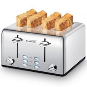 Toaster 4 Slice, Geek Chef Stainless Steel Toaster with Extra Wide Slots, 4 Slot Toaster with Bagel/Defrost/Cancel Function, Dual Control Panel of 6 Toasting Bread Shade Settings Toaster 4 Slice, Geek Chef Stainless Steel Toaster with Extra Wide Slots, 4 Slot Toaster with Bagel/Defrost/Cancel Function, Dual Control Panel of 6 Toasting Bread Shade Settings