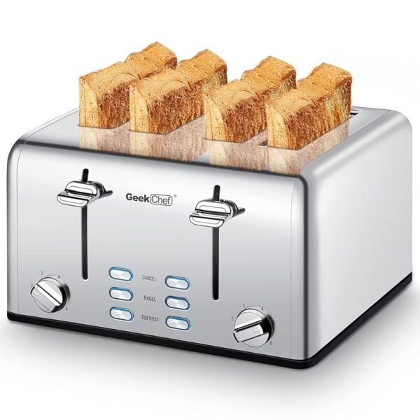 Toaster 4 Slice, Geek Chef Stainless Steel Toaster with Extra Wide Slots, 4 Slot Toaster with Bagel/Defrost/Cancel Function, Dual Control Panel of 6 Toasting Bread Shade Settings Toaster 4 Slice, Geek Chef Stainless Steel Toaster with Extra Wide Slots, 4 Slot Toaster with Bagel/Defrost/Cancel Function, Dual Control Panel of 6 Toasting Bread Shade Settings