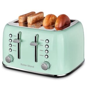 Toaster 4 Slice Retro Stainless Steel with Extra Wide Slots Bagel, Defrost, Reheat Function, Dual Independent Control Panel, Removable Crumb Tray, 6 Browning Levels, Aqua Green Toaster 4 Slice Retro Stainless Steel with Extra Wide Slots Bagel, Defrost, Reheat Function, Dual Independent Control Panel, Removable Crumb Tray, 6 Browning Levels, Aqua Green
